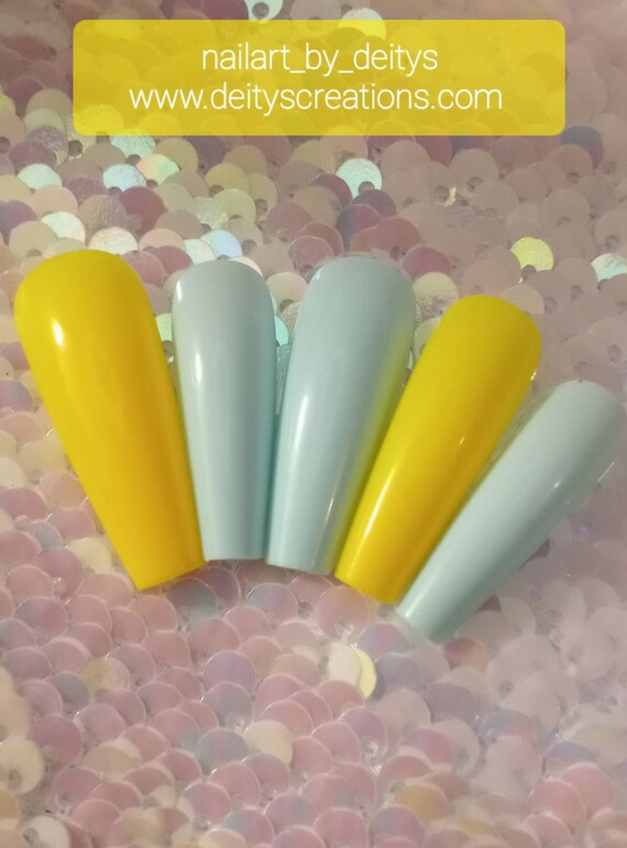 summer yellow and soft blue green luxury Press on nails