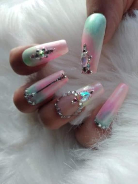 pastel mint n pink princess bling luxury press on nail come in any length and shape