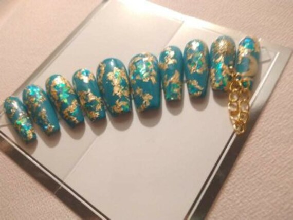 Dark Forest Green Nails-matte Green-gold Nail Art-gold Flakes-long  Ballerina Nails 