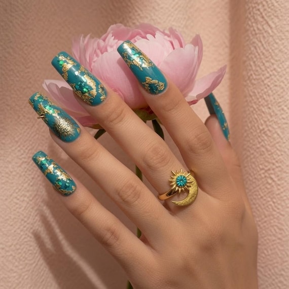 Turquoise and Gold Celestial Press-On Nails + Matching Moon & Sun Ring | Luxury Handmade Nail Set , Gift for Her