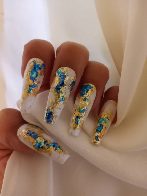 Gold white and blue geode gold leaf gemstone press on nails,acrylic nails gel nails luxury nails reusable nails ballerina nails