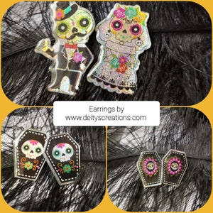 set of 3 Halloweencoffin /Gothic Earrings cute sugar skull day of the dead earrings skull earrings skull/halloween/gothic jewelry