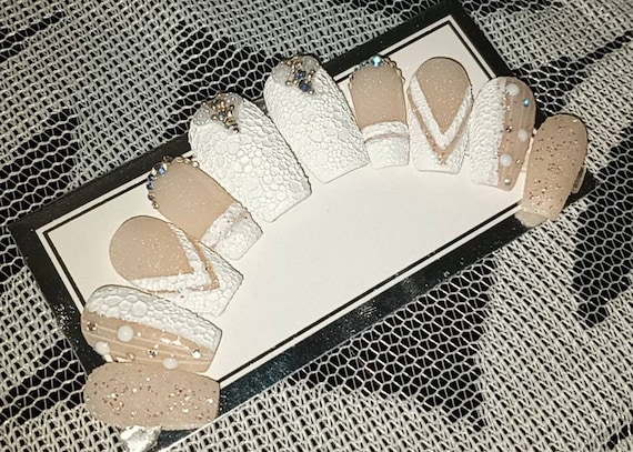 White Christmas snow and nude bridal wedding luxury Press On Nails come in any shape and length