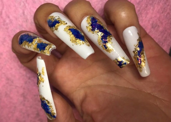 white/gold deep iridescent blue summer geode xxl ballerina Luxury Gel/acrylic Press On Nails