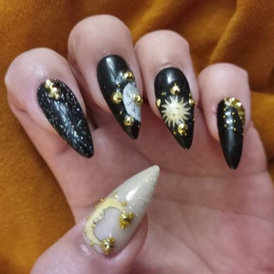 Sun moon n stars with zodiac wheel press on nail set, reusable nails artificial nail sets fake nails I gel nails acrylic nail sets halloween image 8