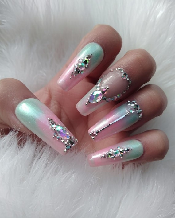 Pastel Aura Bling Press-On Nails | Handmade Luxury Pink & Mint Chrome Rhinestone Glam Coffin Nails