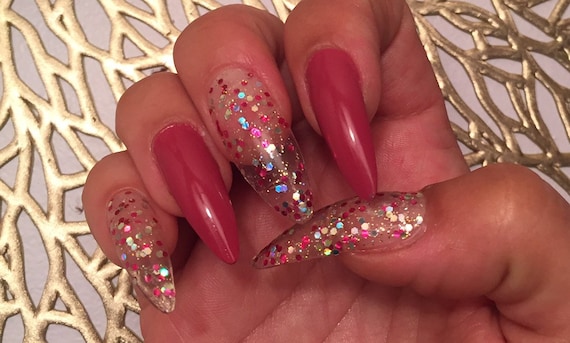 Pink punch and silver and pink glitter ,Press on hand painted up gel polish reusable false/ nails
