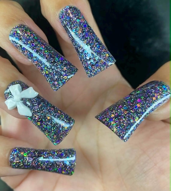 Halo Glitter Duck Press On Nails | Galaxy Sparkle, 3D Bow Accent Set