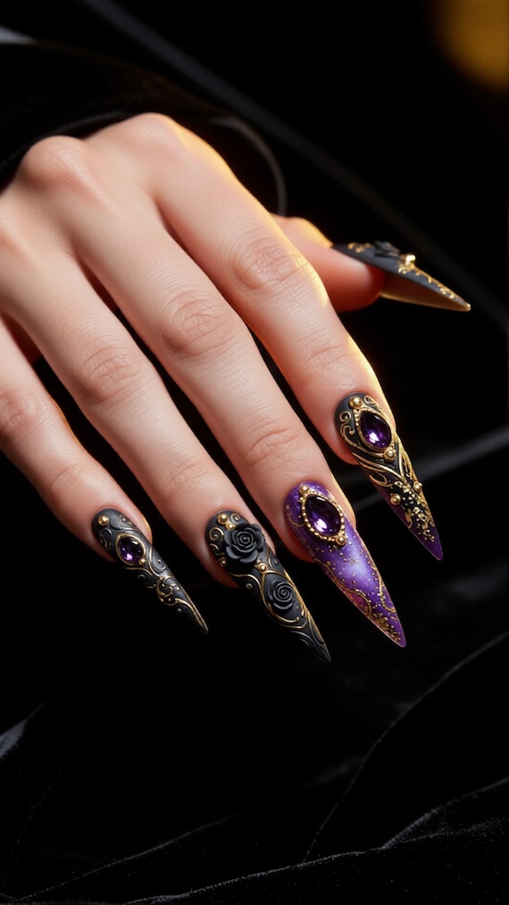 Gothic Purple Ombre Press On Nails | Stiletto Vampire Nails Gold Foil Rose