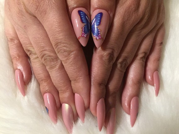 Pink with blue butterfly press on nails /reusable nails uvgel nails fake nails pre designed nails nail art pretty nails stiletto nails