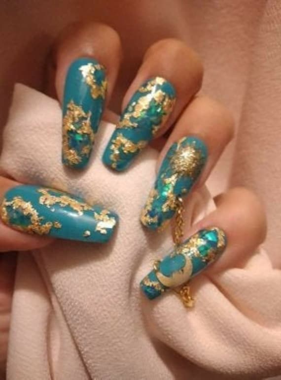 Teal green n gold geode moon n sun press on nails acrylic nail gel nails