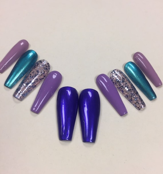 summer Indigo blue, purple ,teal ,pastel purple /glitter Press on nails /hand painted uv gel nails/reusable false nails.