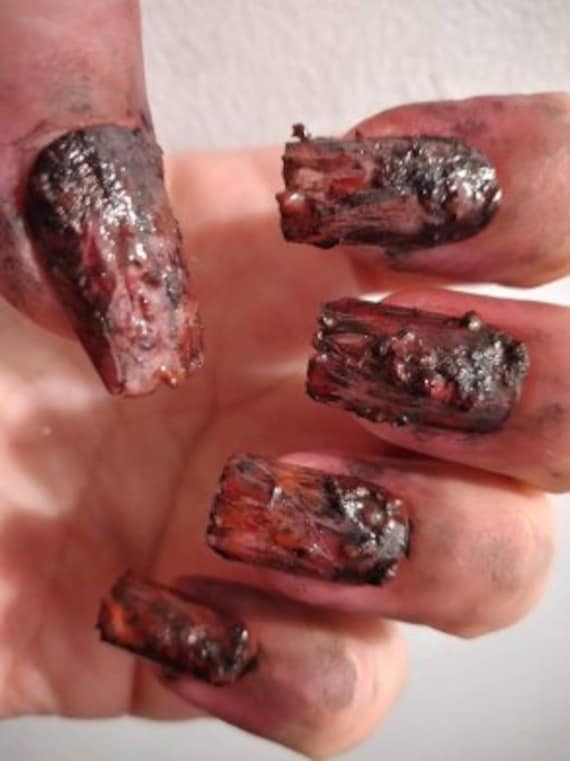 Cosplay Burned bloody zombie halloween costume luxury press on nails available in any length n shape dark gothic halloween nails