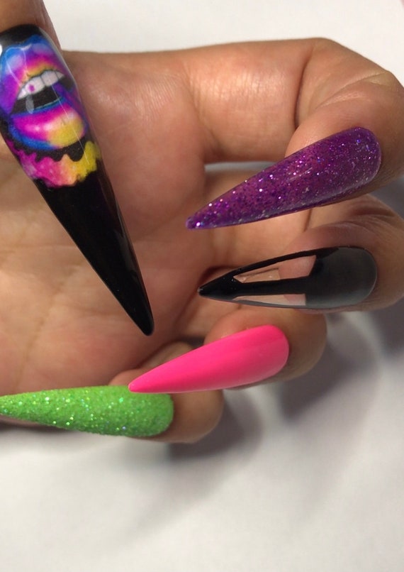 Summer Neon and black 420 lips acrylic gel xxl stiletto luxury press on nails