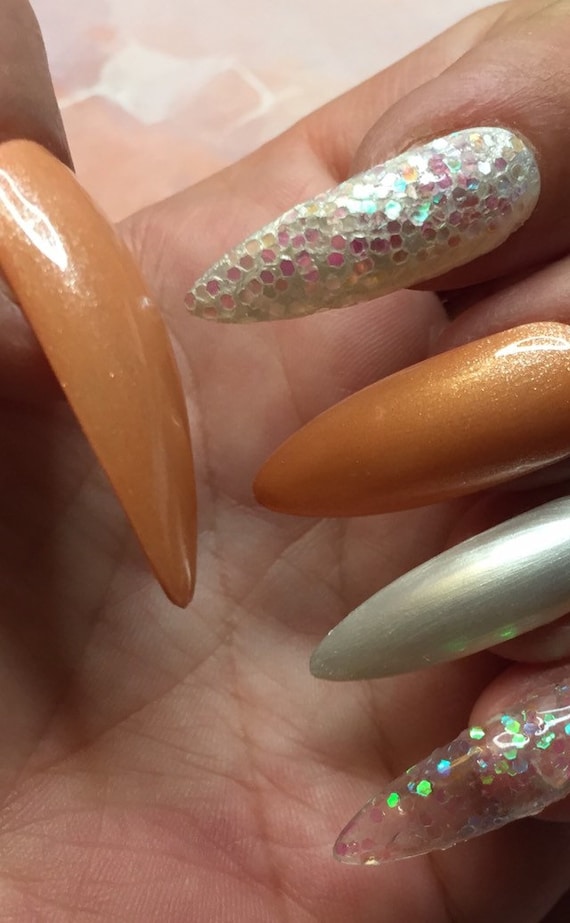 Tangerine orange, pearl white and iridescent glitter, Press on hand painted uv gel polish fake/false nails