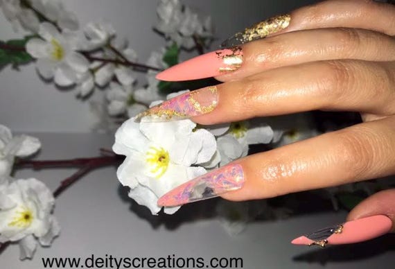 Coral-Pink, press on nails Iridescent Flakes, w Gold Leaf Accents XXL Stiletto Press-Ons