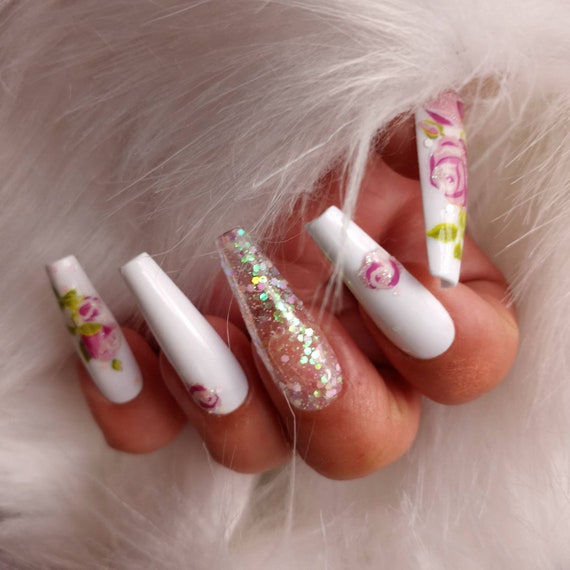 White n Antique Rose tea set design summer luxury press on acrylic/gel Nails