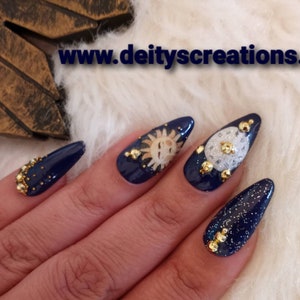 Sun moon n stars with zodiac wheel press on nail set, reusable nails artificial nail sets fake nails I gel nails acrylic nail sets halloween image 7