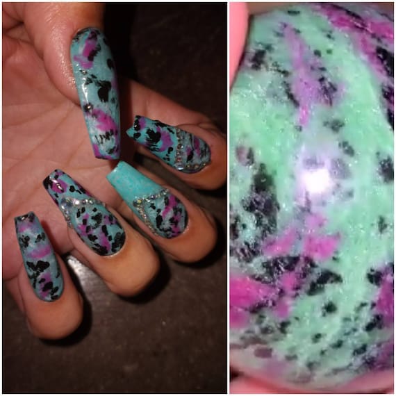Ruby in zoisite crystal inspired summer luxury press on acrylic Nails green pink and black crystal nail set. Gemstone nails