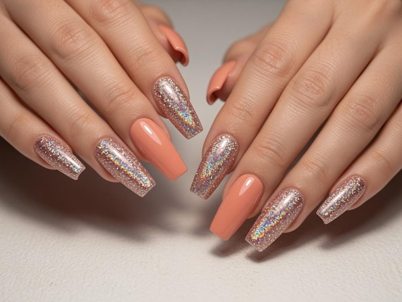 Peach Stardust Coffin Press-On Nails, Holographic Glitter Gel Set