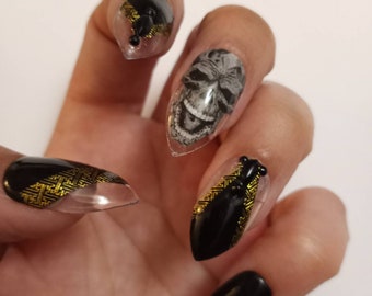 Gothic Skull Press On Nails, Gold and Black Halloween Luxury Nails