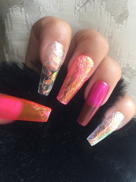 Jelly Pink/purple/white Iridescent jelly  summer fairy foil press on nail set acrylic/gel nails
