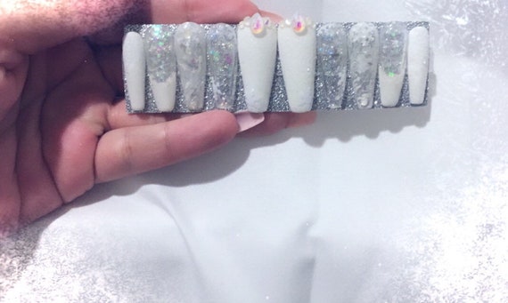 White Christmas/clear  Snow flake and iridescent crystals and foil white tip Press on nails uvgel and acrylic