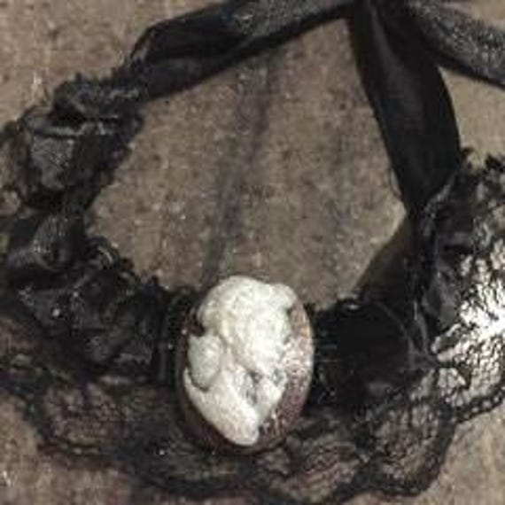 Gothic cameo lace choker Halloween necklace with sugar skull and owl