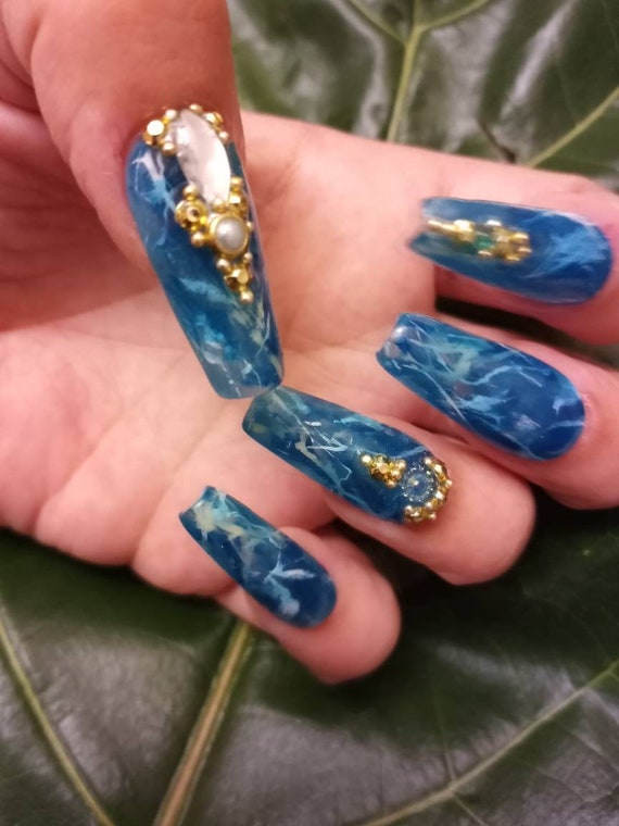 Blue Apatite crystal inspired summer luxury press on acrylic Nails, blue gemstone nails acrylic nails