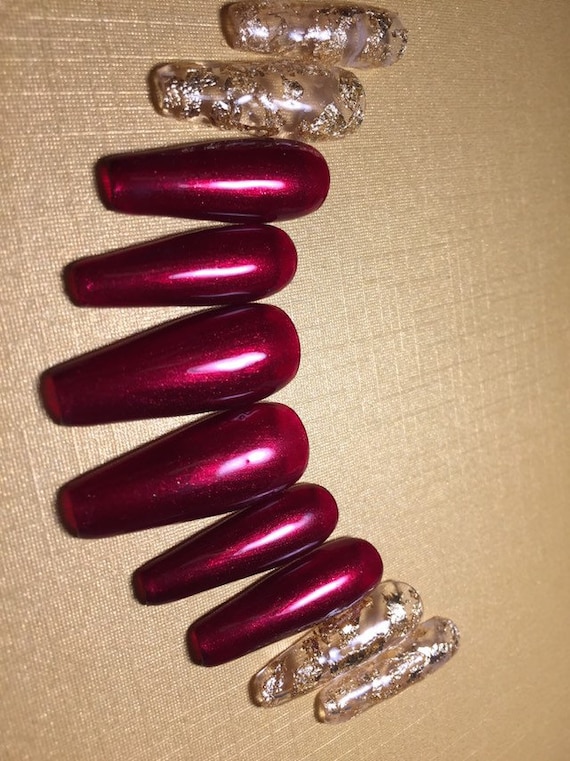 Scarlet red /clear n gold flake Christmas Chromed vampire / halloween /gothic Press on hand painted uv gel reusable nails/ false nails