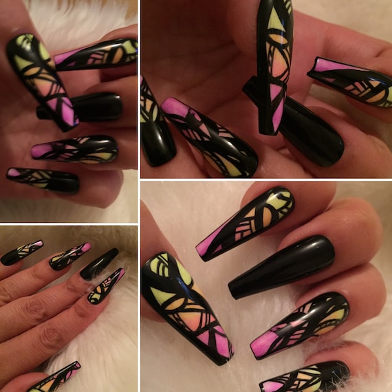 Neon summer yellow/orange n pink tribal press on nails acrylic nails gel nails