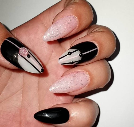 Black and pink tuxedo style pastel goth luxury Press On Nails come in any shape and length