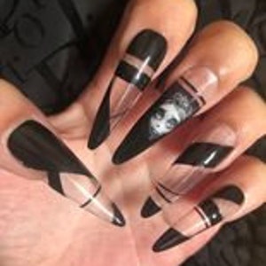 The Corpse Bride black n clear XL stiletto luxury press on nails come in any length n shape
