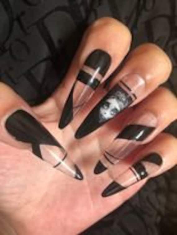 The Corpse Bride black n clear XL stiletto luxury press on nails come in any length n shape