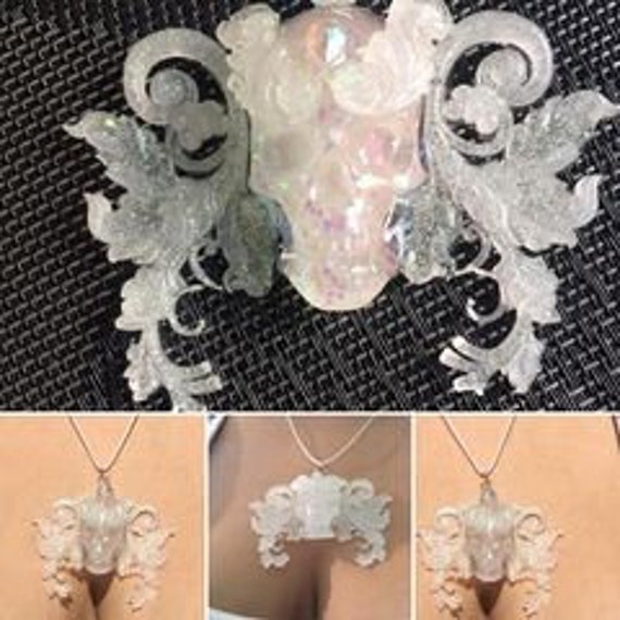 pearl iridescent pastel goth skull Halloween necklace