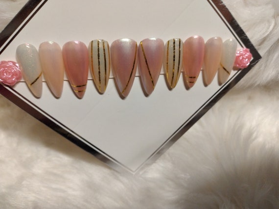 Pale pink pearl chrome and Gold linework press on nails