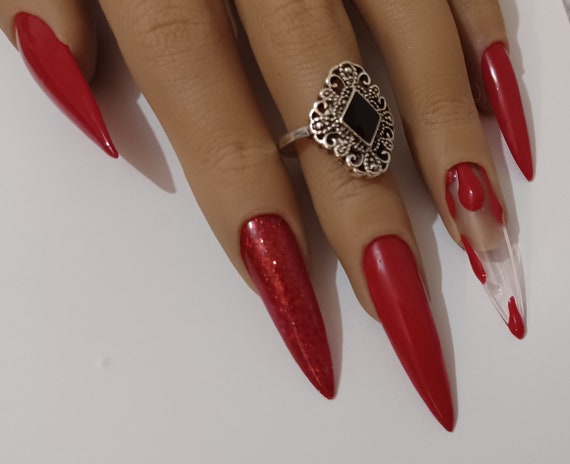 Red n clear blood vampire luxury acrylic/gel  Halloween /Gothic stiletto press on nails available in any length and shape