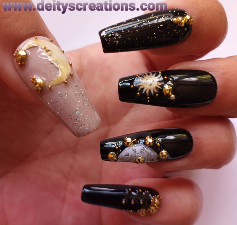 Sun moon n stars with zodiac wheel press on nail set, reusable nails artificial nail sets fake nails I gel nails acrylic nail sets halloween image 6