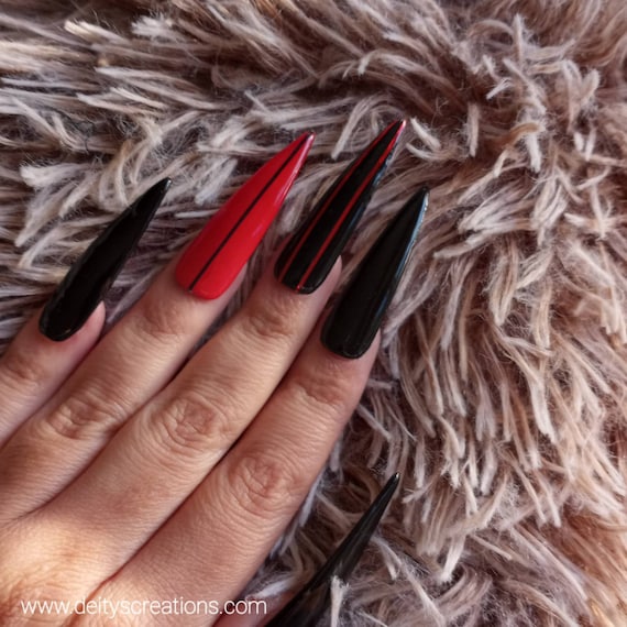 Christmas/halloween Red bottom baddies press on nails, acrylic nail sets gel nails red and black xxl stiletto gothic nails