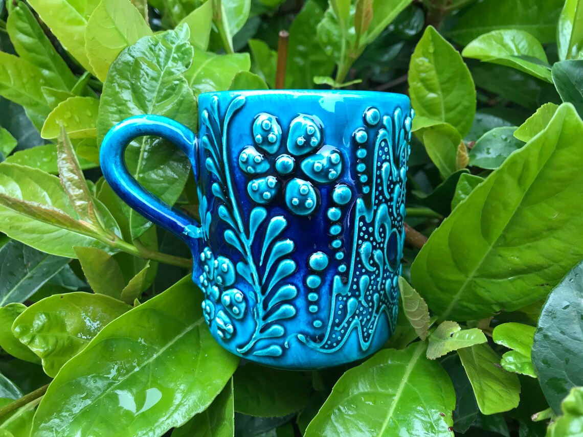 Handmade Ceramic Mugs Blue Mugs Embossed Mugs Ceramic Etsy