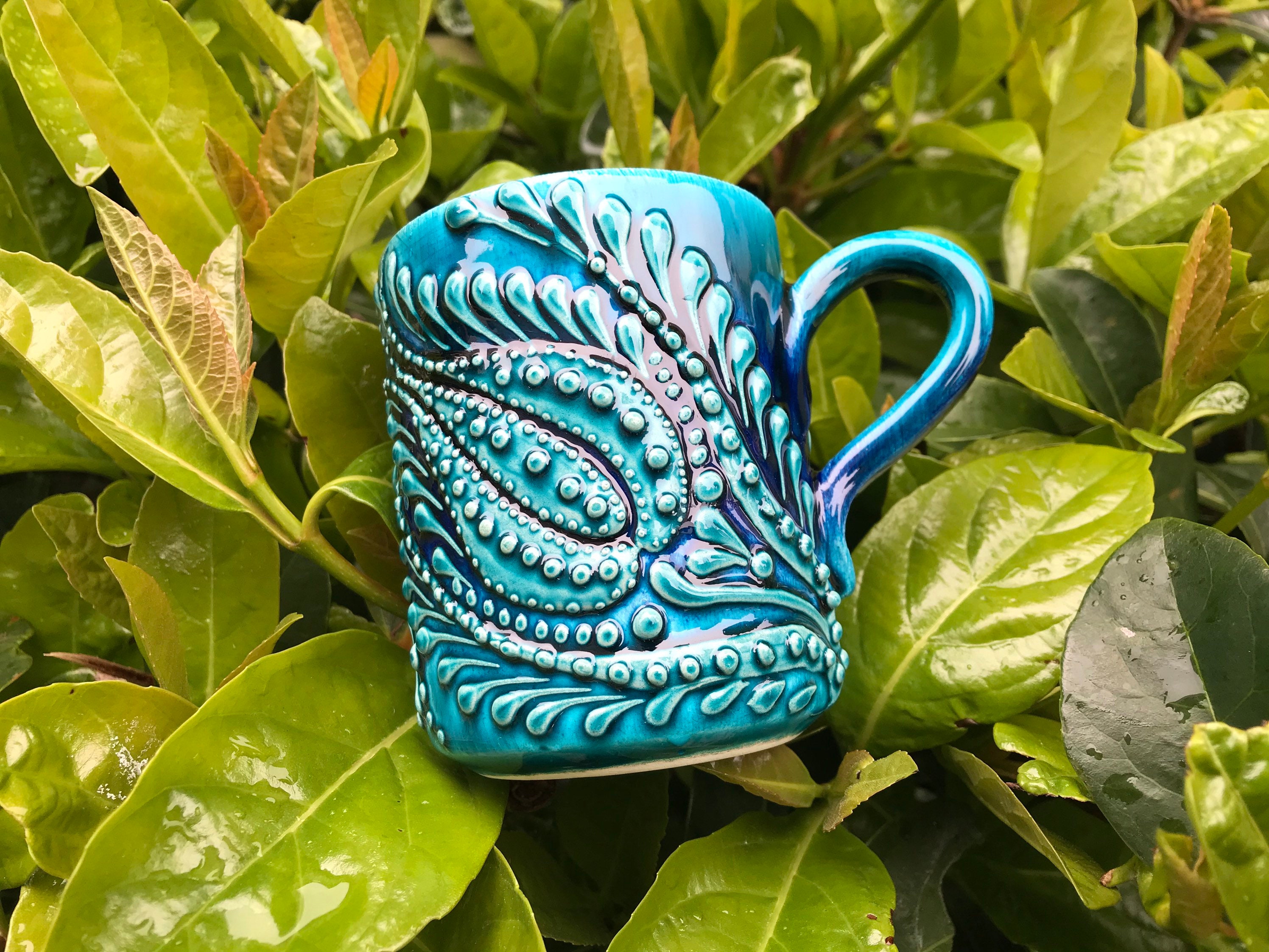 Handmade Ceramic Mugs Blue Mugs Embossed Mugs Ceramic Etsy