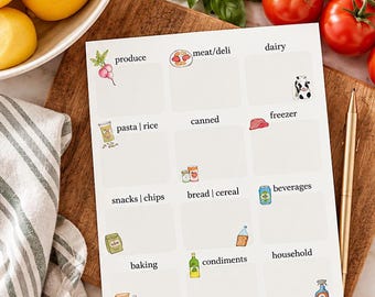Könnte beinhalten: Ein weißer Einkaufszettel-Block mit zwölf kategorisierten Abschnitten, darunter Obst/Gemüse, Fleisch/Wurst, Molkereiprodukte, Nudeln/Reis, Konserven, Tiefkühlkost, Snacks/Chips, Brot/Müsli, Getränke, Backwaren, Gewürze und Haushalt mit kleinen Illustrationen.
