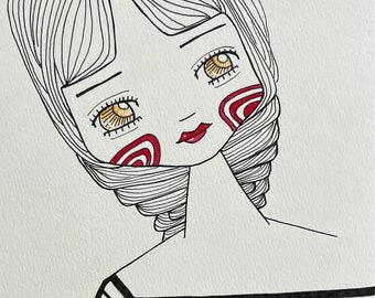 Watercolor Ink Line Drawing Painting Illustration Girl Red Cheeks Mesmerizing Beauty