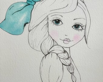 Watercolor Ink Line Drawing Painting Illustration Wall Art Girl Turquoise Bow