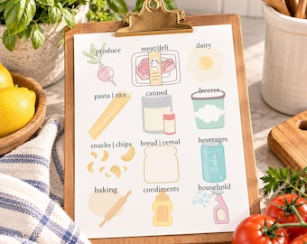 Könnte beinhalten: Ein hölzernes Klemmbrett hält ein weißes Blatt Papier mit einem Raster aus zwölf Küchen-Kategorien und Illustrationen: produce, meat/deli, dairy, pasta/rice, canned, freezer, snacks/chips, bread/cereal, beverages, baking, condiments, household.