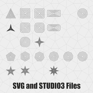Puede incluir: Un conjunto de formas geométricas en blanco y negro, que incluyen triángulos, cuadrados, círculos, estrellas y pentágonos. Las formas están delineadas en negro y tienen un efecto de capas. El texto "SVG and STUDIO3 Files" está en la parte inferior de la imagen.