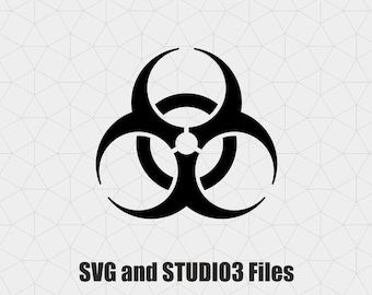 May include: Black and white biohazard symbol, a stylized triangle with three circles, representing a warning of biological danger. SVG and STUDIO3 Files.