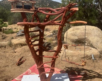 Manzanita Bird Stand for Parrots, Ladder, Swing, Bowls, Diamond Plate Base