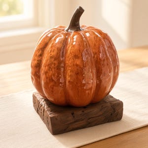 May include: A glossy orange ceramic pumpkin with a dark brown stem, resting on a square, dark brown, textured wooden base. The pumpkin features deep vertical ridges and a smooth, reflective surface that catches the light, creating highlights.
