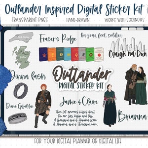 May include: A digital sticker kit inspired by the Outlander book series. The kit includes stickers of characters, locations, and quotes from the books. The stickers are designed to be used in digital planners and other digital applications.